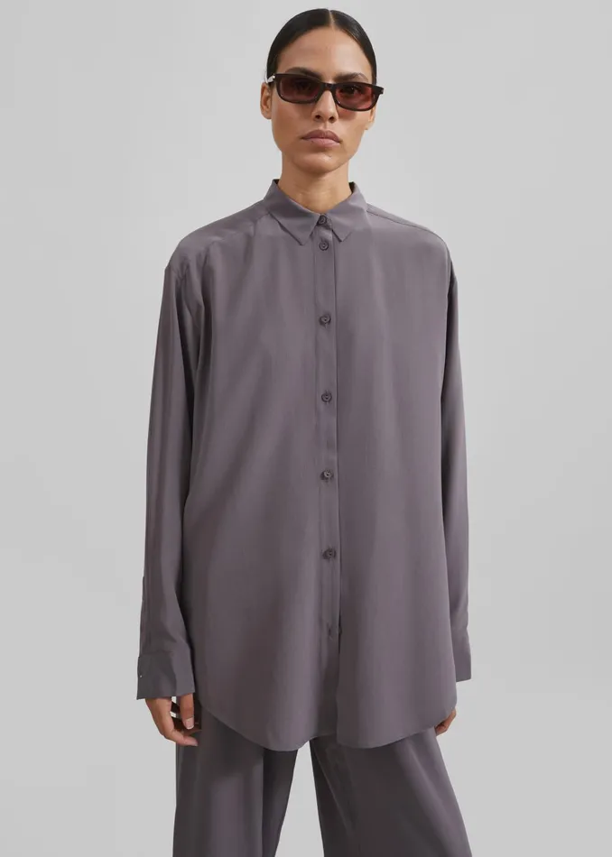 Women Matteau Long Sleeve Silk Shirt 8211 Slate The Frankie Shop Tops