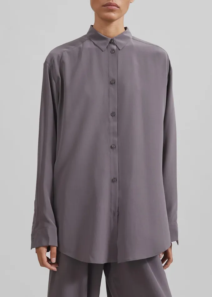 Women Matteau Long Sleeve Silk Shirt 8211 Slate The Frankie Shop Tops