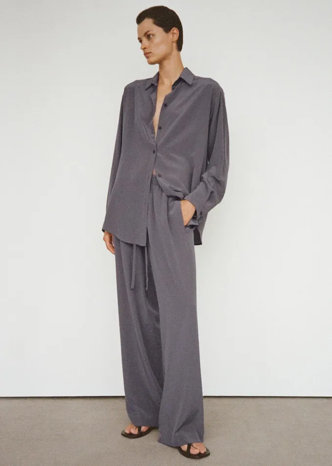 Women Matteau Long Sleeve Silk Shirt 8211 Slate The Frankie Shop Tops