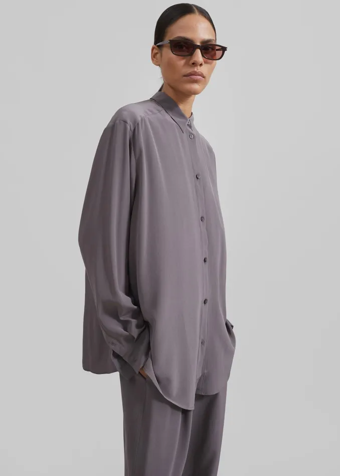 Women Matteau Long Sleeve Silk Shirt 8211 Slate The Frankie Shop Tops