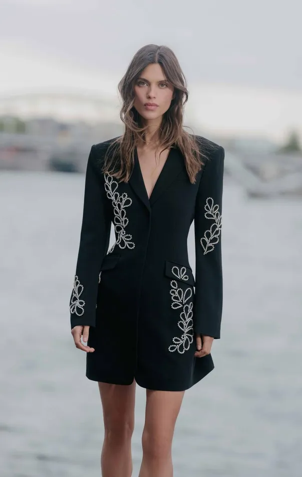Women Mini Cinq Sept Rhinestone Paisley Long Sleeve Joel Dress Black
