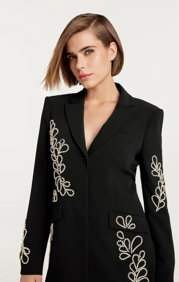 Women Mini Cinq Sept Rhinestone Paisley Long Sleeve Joel Dress Black
