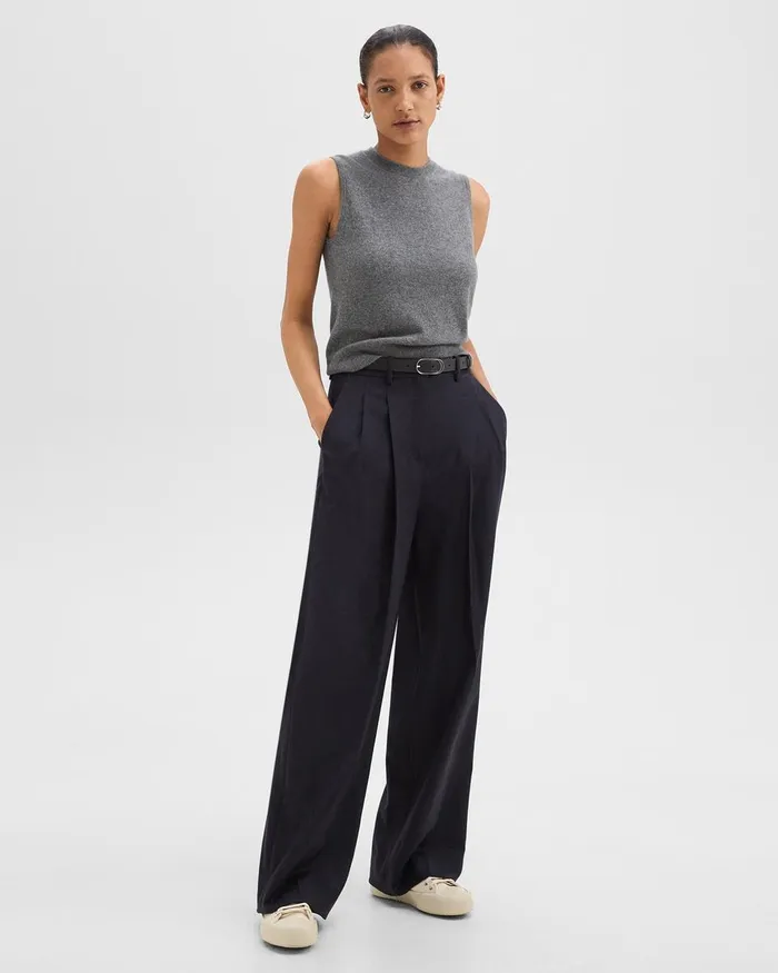 Women Pants Theory Double Pleat Pant In Sleek Flannel Navy