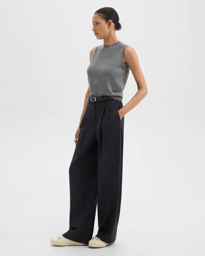Women Pants Theory Double Pleat Pant In Sleek Flannel Navy