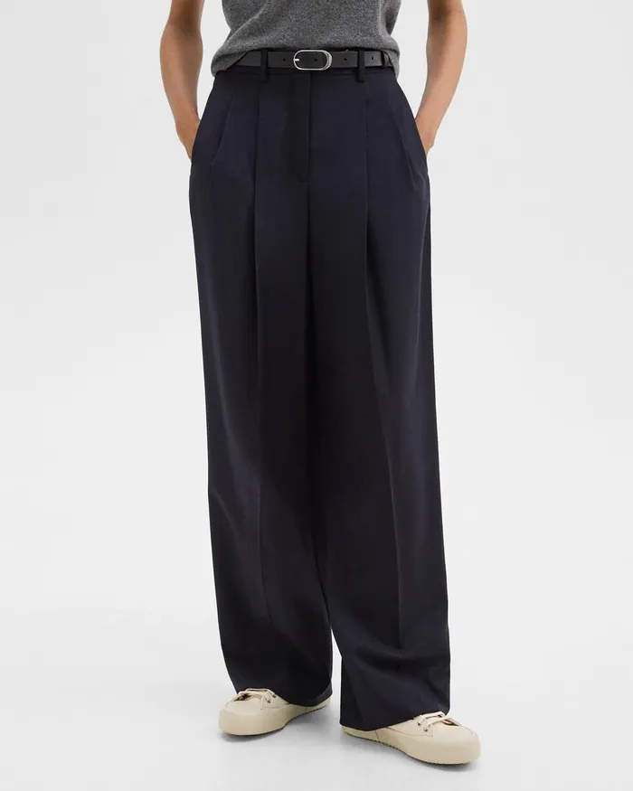 Women Pants Theory Double Pleat Pant In Sleek Flannel Navy