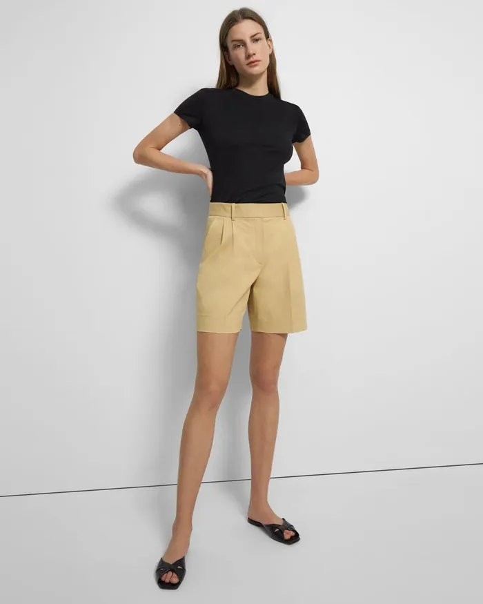 Women Pants Theory Pleated Short In Stretch Cotton Twill Tuscan