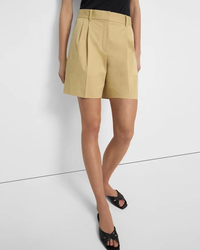 Women Pants Theory Pleated Short In Stretch Cotton Twill Tuscan