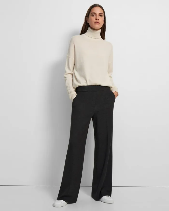 Women Pants Theory WideLeg Pant In DoubleKnit Jersey Charcoal Melangeoatmeal