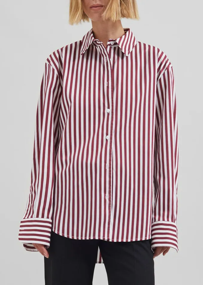 Women Peri Striped Poplin Shirt 8211 BurgundyWhite The Frankie Shop Tops