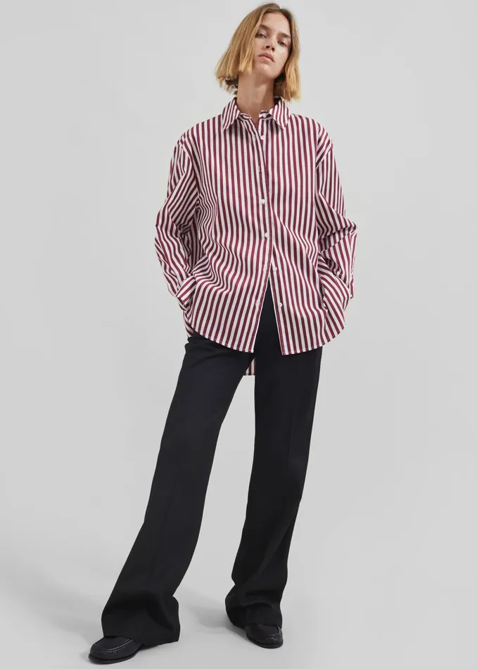 Women Peri Striped Poplin Shirt 8211 BurgundyWhite The Frankie Shop Tops