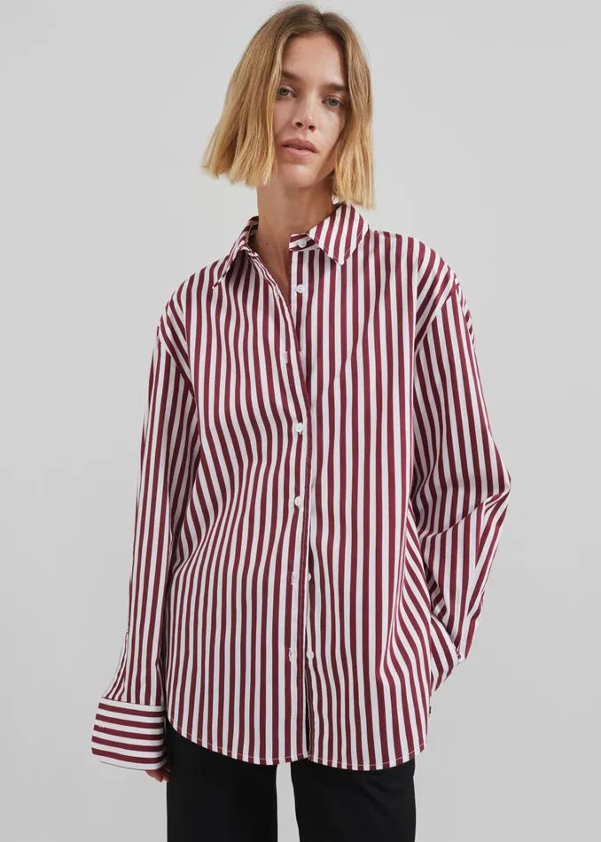 Women Peri Striped Poplin Shirt 8211 BurgundyWhite The Frankie Shop Tops