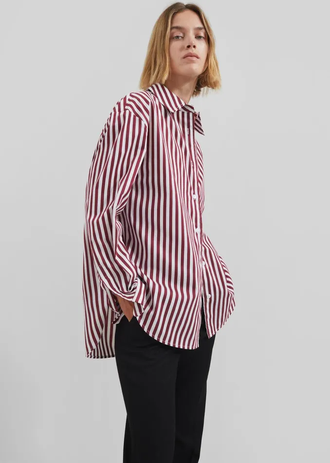 Women Peri Striped Poplin Shirt 8211 BurgundyWhite The Frankie Shop Tops