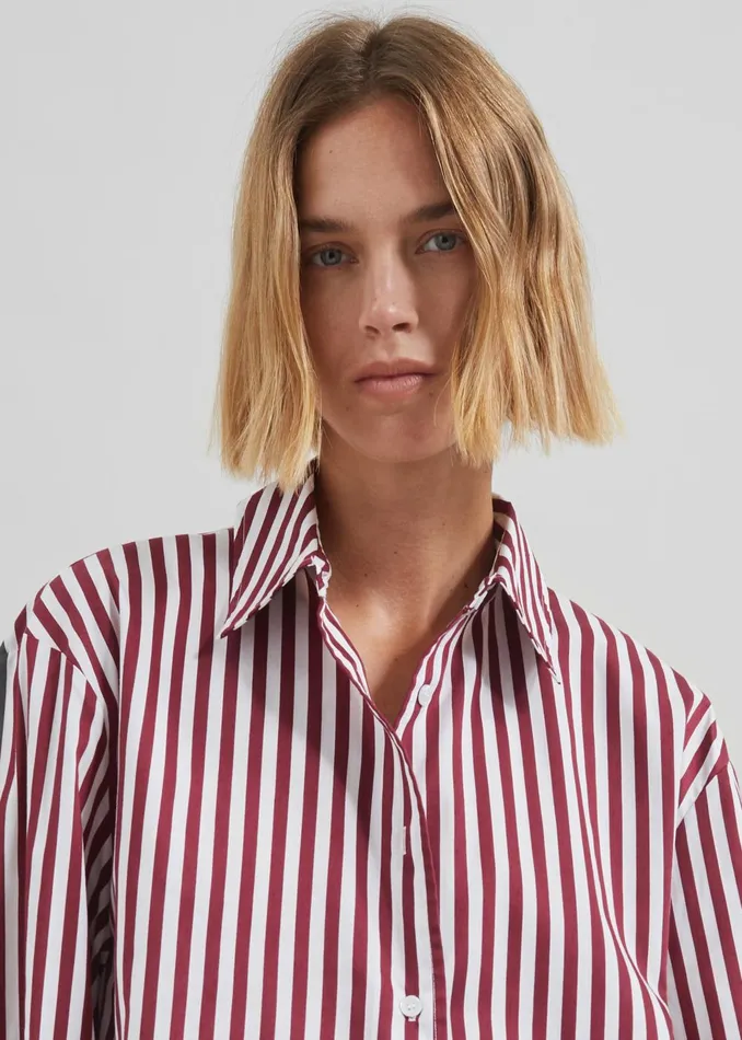 Women Peri Striped Poplin Shirt 8211 BurgundyWhite The Frankie Shop Tops