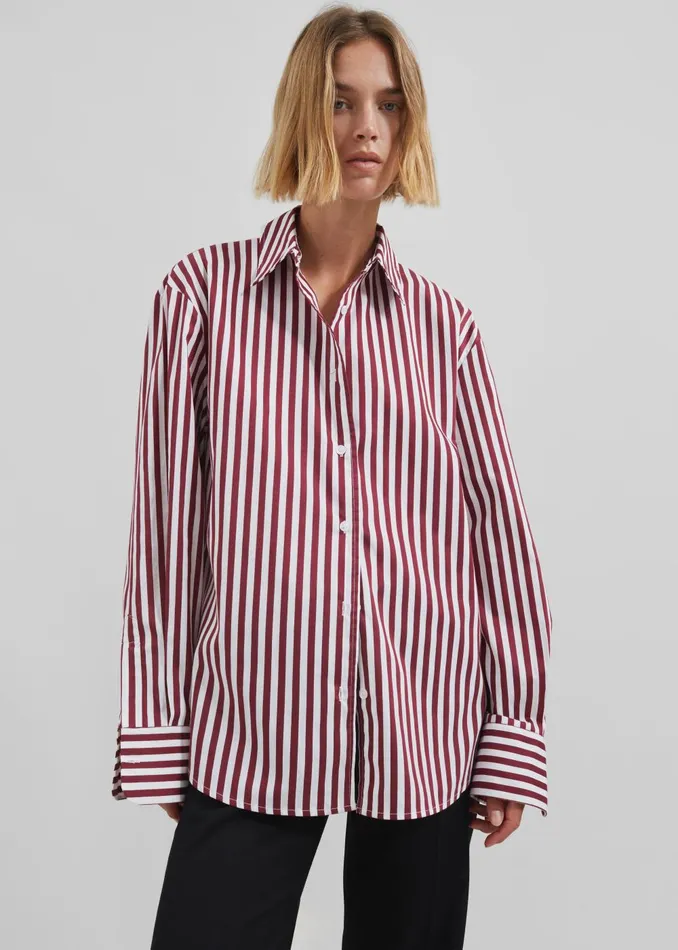 Women Peri Striped Poplin Shirt 8211 BurgundyWhite The Frankie Shop Tops