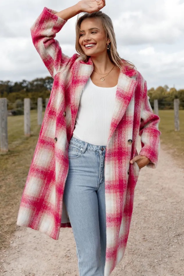 Women petalandpup Gianna Button Front Plaid Long Coat 8211 Pink Pink Jackets and Coats