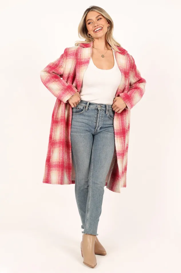 Women petalandpup Gianna Button Front Plaid Long Coat 8211 Pink Pink Jackets and Coats