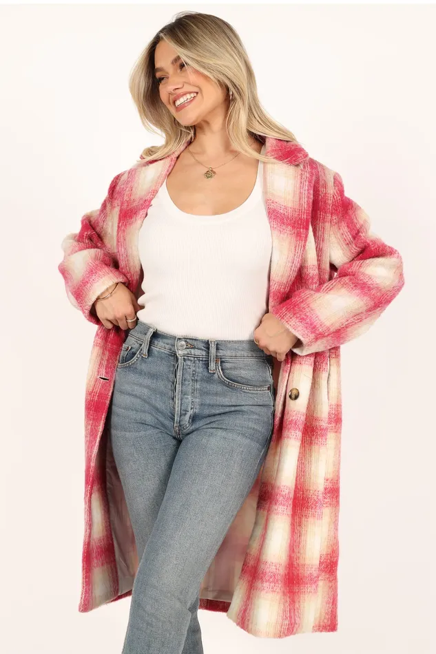 Women petalandpup Gianna Button Front Plaid Long Coat 8211 Pink Pink Jackets and Coats