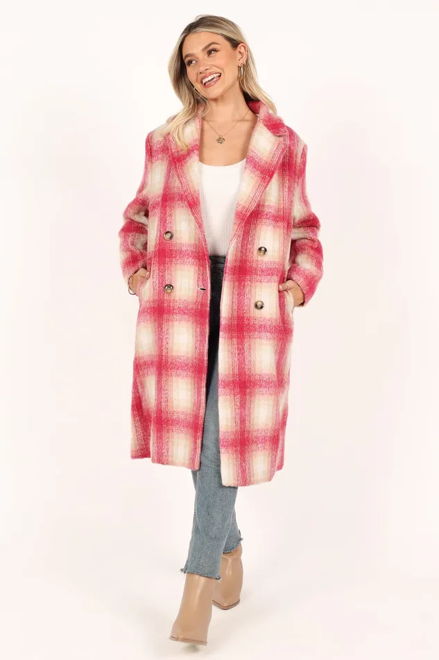 Women petalandpup Gianna Button Front Plaid Long Coat 8211 Pink Pink Jackets and Coats