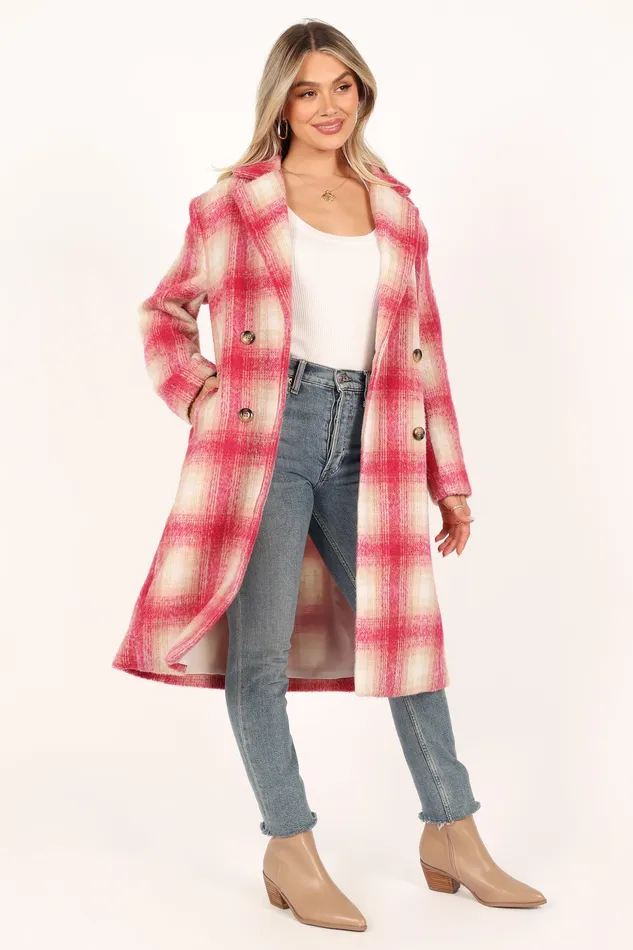 Women petalandpup Gianna Button Front Plaid Long Coat 8211 Pink Pink Jackets and Coats
