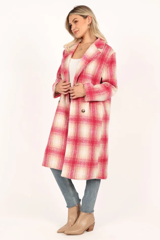 Women petalandpup Gianna Button Front Plaid Long Coat 8211 Pink Pink Jackets and Coats