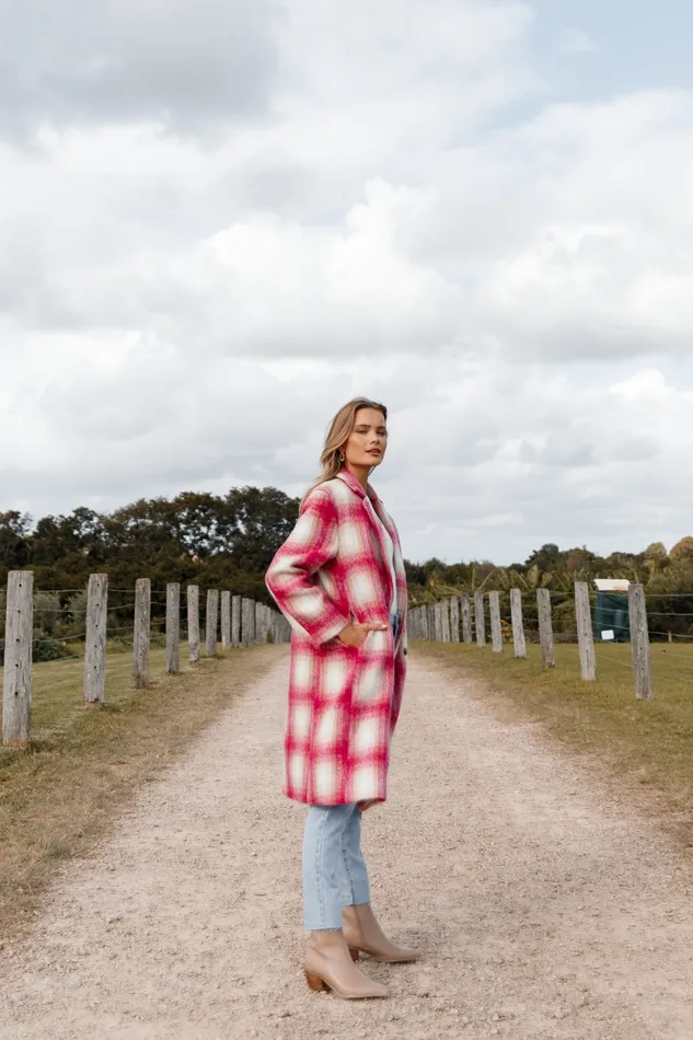 Women petalandpup Gianna Button Front Plaid Long Coat 8211 Pink Pink Jackets and Coats