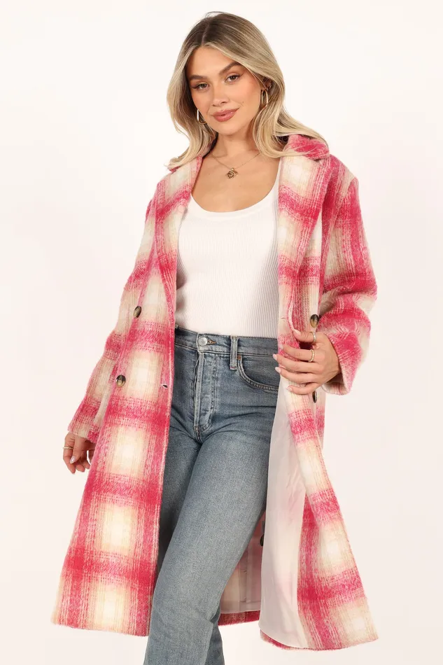 Women petalandpup Gianna Button Front Plaid Long Coat 8211 Pink Pink Jackets and Coats