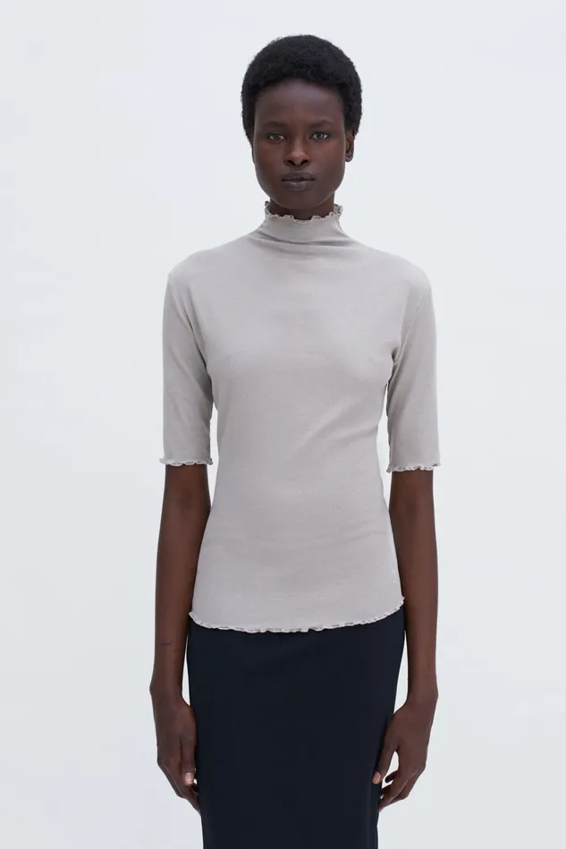 Women Rib Mock Neck Tee Moss Grey Filippa K Tops