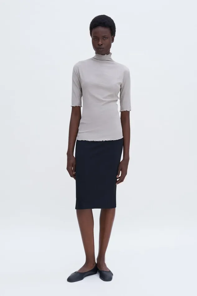 Women Rib Mock Neck Tee Moss Grey Filippa K Tops