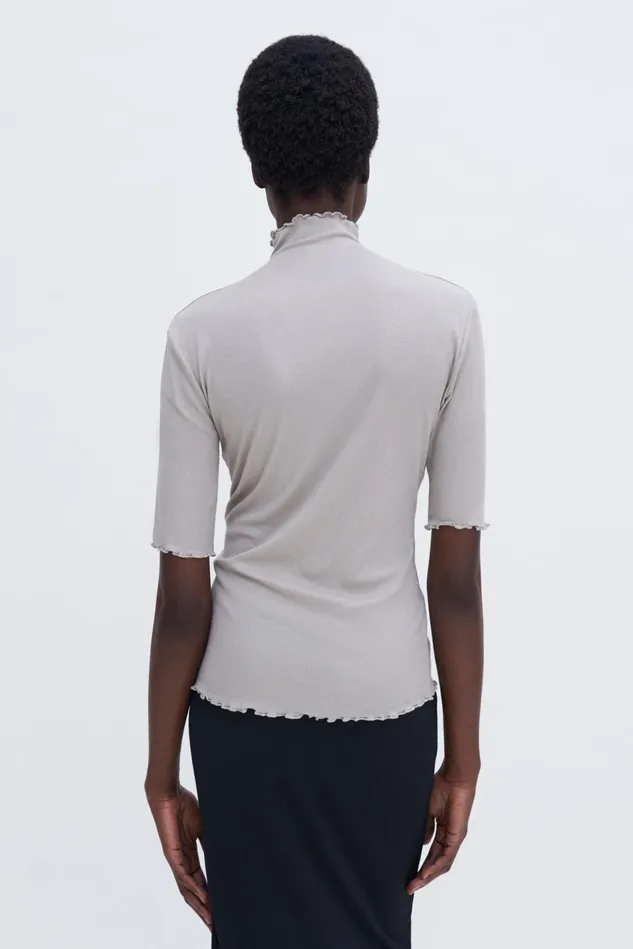 Women Rib Mock Neck Tee Moss Grey Filippa K Tops