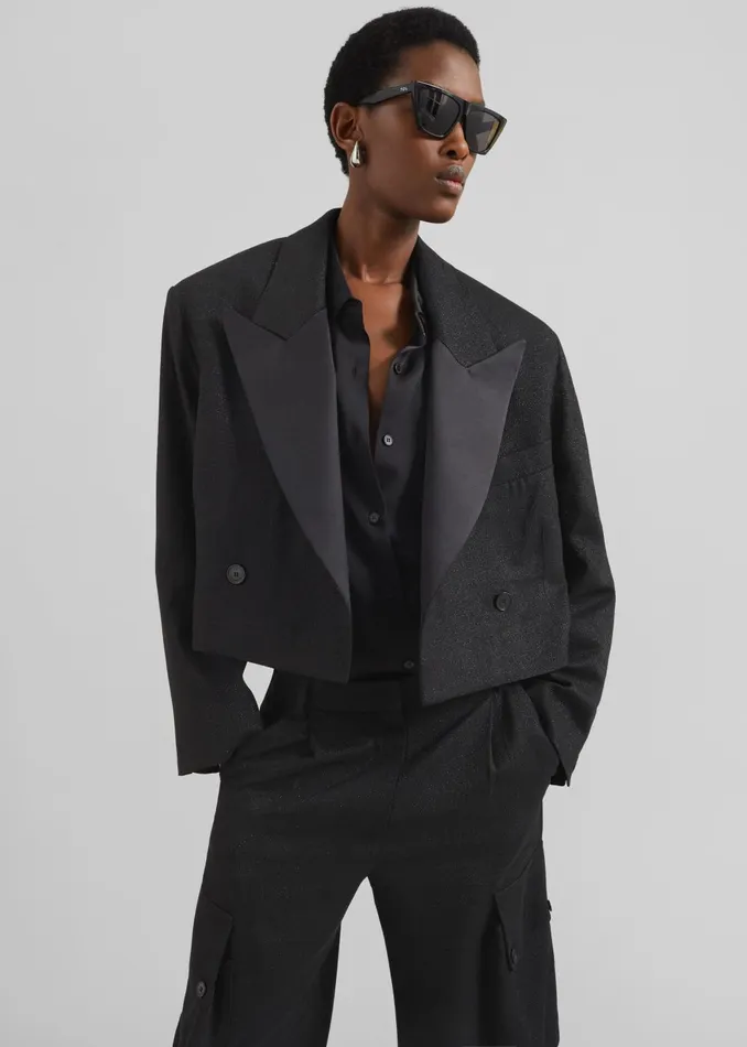 Women Rosmont Shimmer Cropped Smoking Jacket 8211 Black The Frankie Shop Outerwear