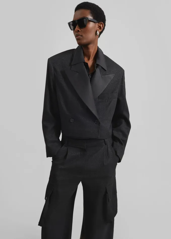 Women Rosmont Shimmer Cropped Smoking Jacket 8211 Black The Frankie Shop Outerwear