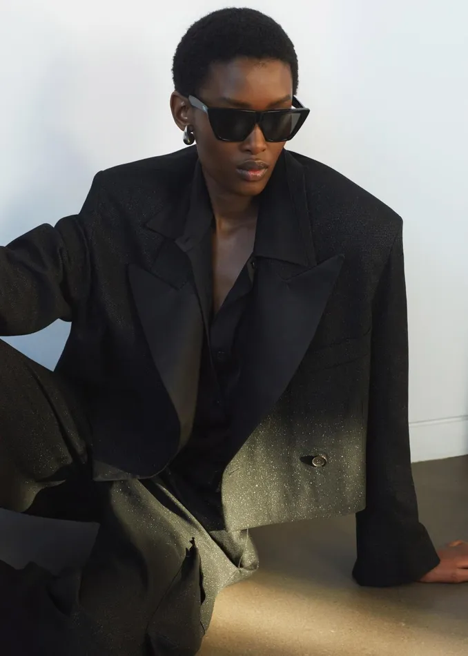 Women Rosmont Shimmer Cropped Smoking Jacket 8211 Black The Frankie Shop Outerwear