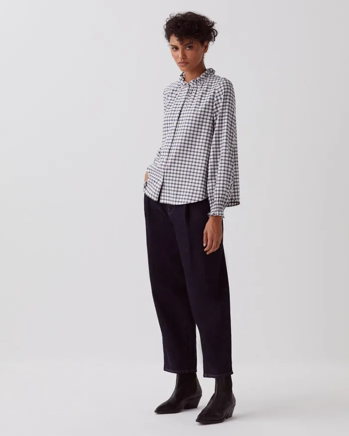 Women Ruffle Neck Blouse Check Creme Gray Comptoir Des Cotonniers Blouses and Shirts and Tops Women Ruffle Neck Blouse Check Creme Gray Comptoir Des Cotonniers Blouses and Shirts and Tops