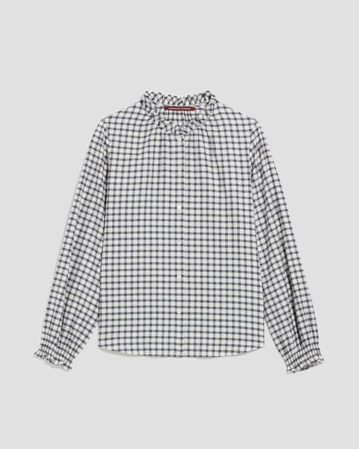 Women Ruffle Neck Blouse Check Creme Gray Comptoir Des Cotonniers Blouses and Shirts and Tops Women Ruffle Neck Blouse Check Creme Gray Comptoir Des Cotonniers Blouses and Shirts and Tops