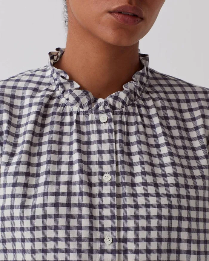 Women Ruffle Neck Blouse Check Creme Gray Comptoir Des Cotonniers Blouses and Shirts and Tops Women Ruffle Neck Blouse Check Creme Gray Comptoir Des Cotonniers Blouses and Shirts and Tops