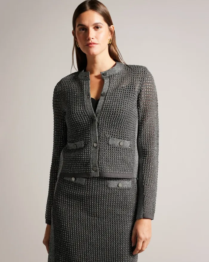 Women SALLYAN 8211 Metallic Detail Knitted Jacket Gunmetal Ted Baker Coats and Jackets Women SALLYAN 8211 Metallic Detail Knitted Jacket Gunmetal Ted Baker Coats and Jackets