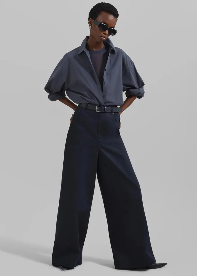 Women Sasha Wide Leg Twill Pants 8211 Navy The Frankie Shop Bottoms