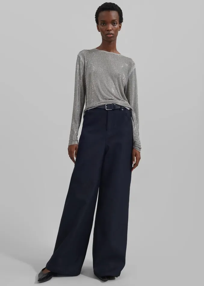 Women Sasha Wide Leg Twill Pants 8211 Navy The Frankie Shop Bottoms