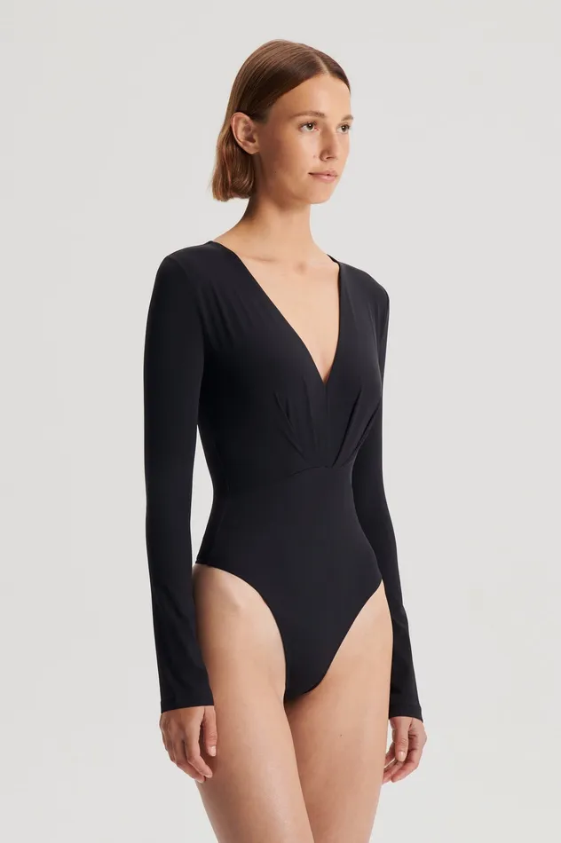 Women Scanlan Theodore DRAPE VNECK BODYSUIT BLACK Tops