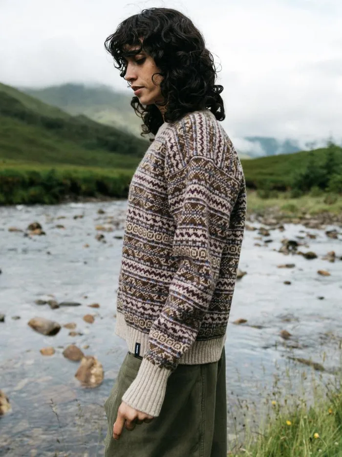 Women Shetland Fair Isle Jumper Black Cherryecruheather Mist Multi Finisterre Knitwear
