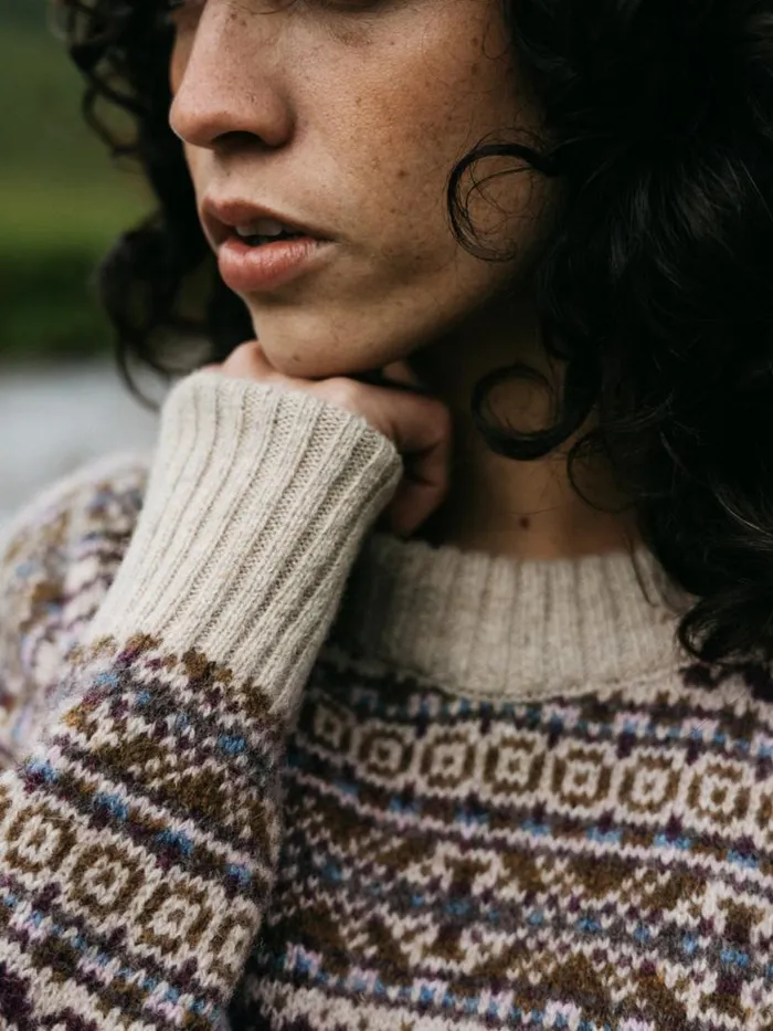 Women Shetland Fair Isle Jumper Black Cherryecruheather Mist Multi Finisterre Knitwear