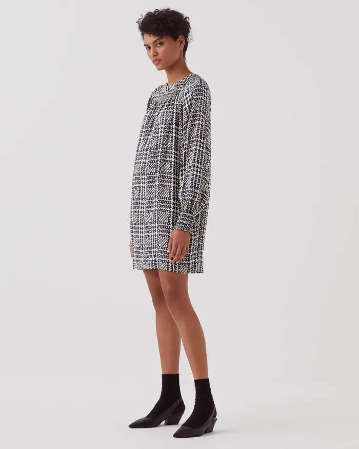 Women Silky LongSleeve Mini Dress Houndstooth Ble Comptoir Des Cotonniers Dresses and Jumpsuits