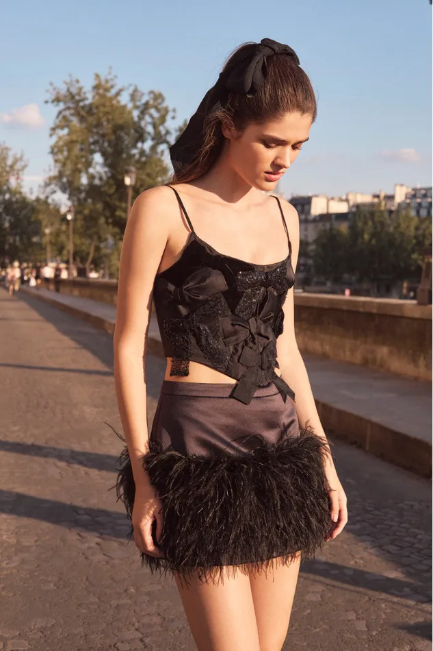 Women Skirts LoveShackFancy Viviette Feather Mini Skirt Black