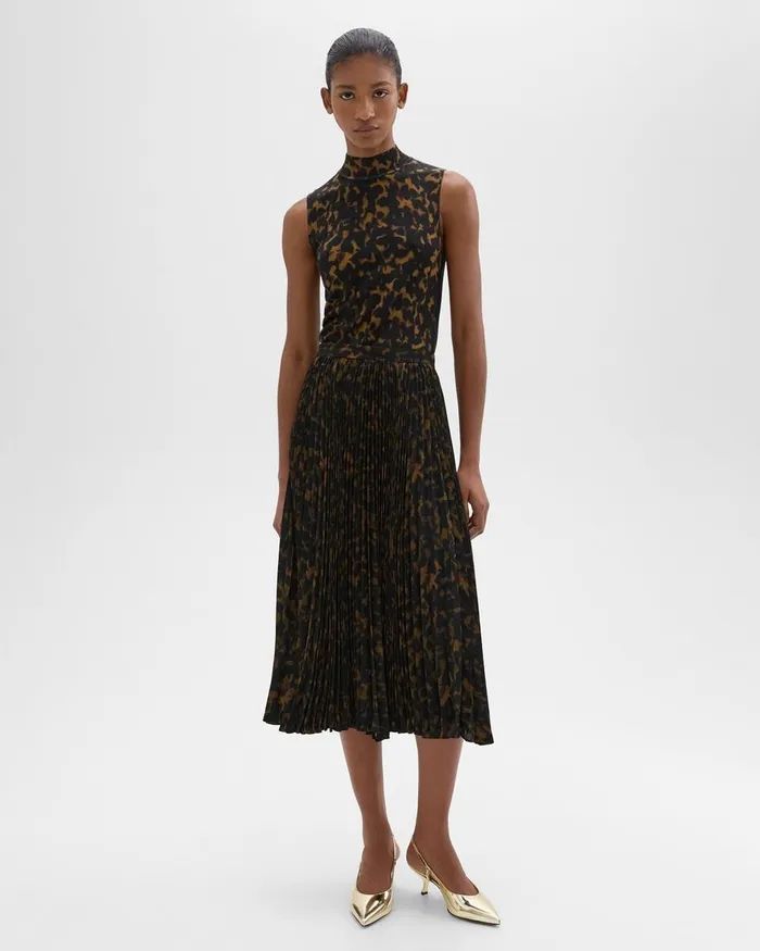 Women Skirts Theory Pleated Midi Skirt In Tortoiseshell Printed Georgette Dark Brown Multi