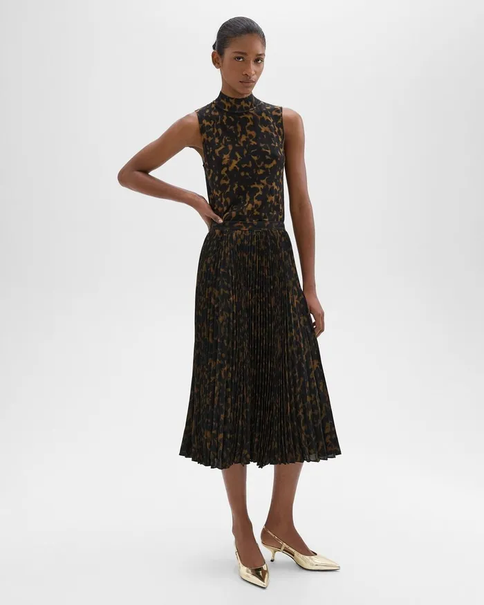 Women Skirts Theory Pleated Midi Skirt In Tortoiseshell Printed Georgette Dark Brown Multi