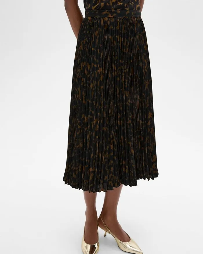 Women Skirts Theory Pleated Midi Skirt In Tortoiseshell Printed Georgette Dark Brown Multi
