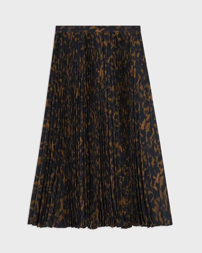 Women Skirts Theory Pleated Midi Skirt In Tortoiseshell Printed Georgette Dark Brown Multi