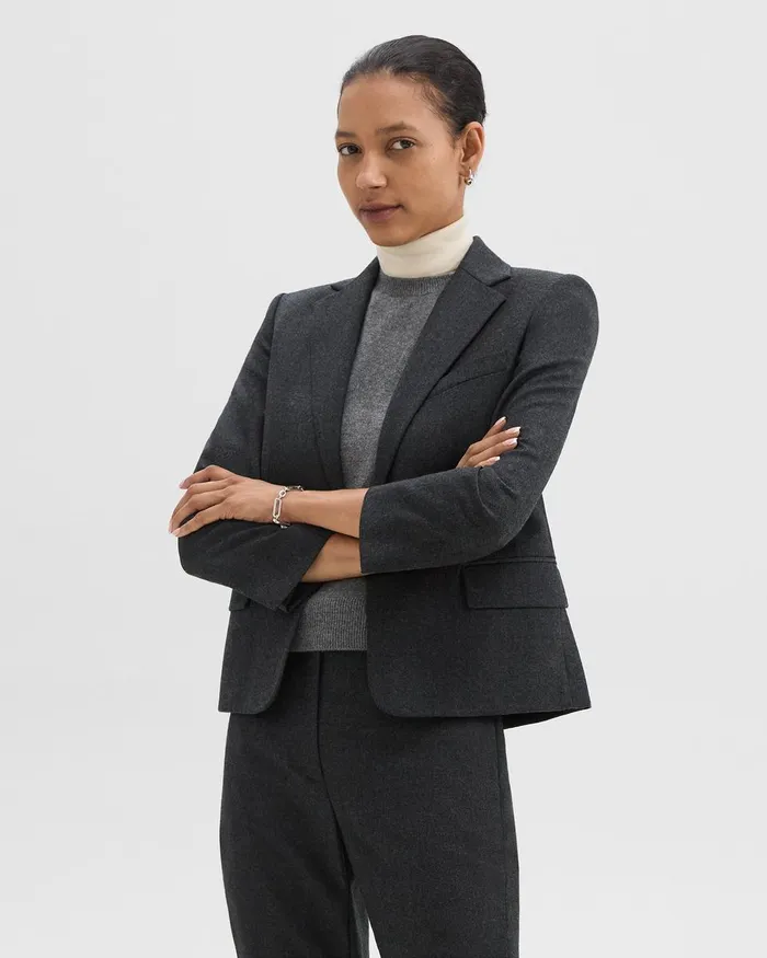 Women Suits Theory SingleButton Blazer In Sleek Flannel New Charcoal Melange
