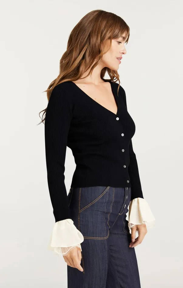 Women Sweaters and Knits Cinq Sept Bernadette Prestyled Ribbed Cardigan Blackivory
