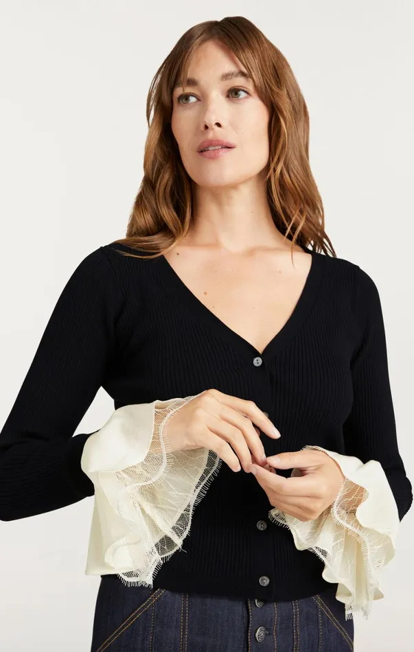 Women Sweaters and Knits Cinq Sept Bernadette Prestyled Ribbed Cardigan Blackivory